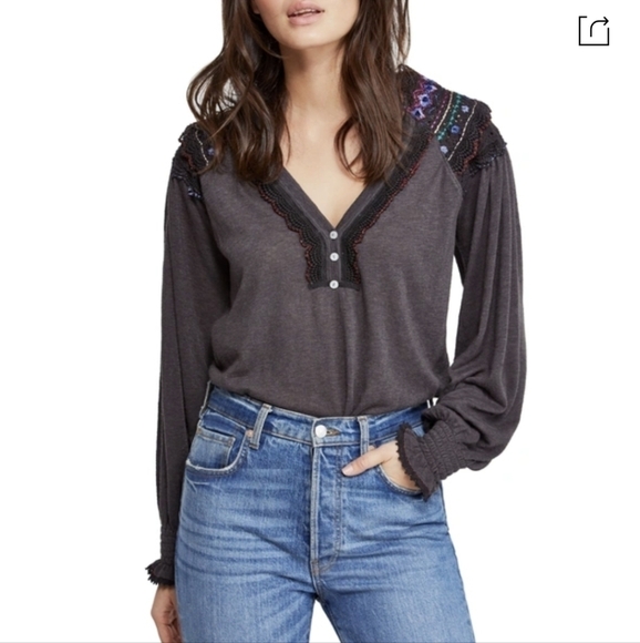 Free People Siesta Fiesta Top In Washed Black Tunic Boho Henley Popover - Picture 2 of 12